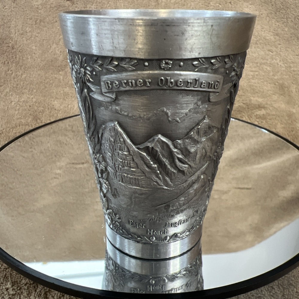 VINTAGE PEWTER WEZI DESIGN CUP - SWITZERLAND - SCENIC BERNER OBERLAND 3.25"‎